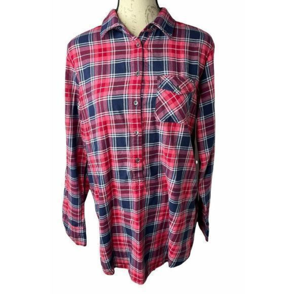 Womens J Crew Mid Weight Cotton Plaid‎ Long Sleeve Pullover Top M Button up